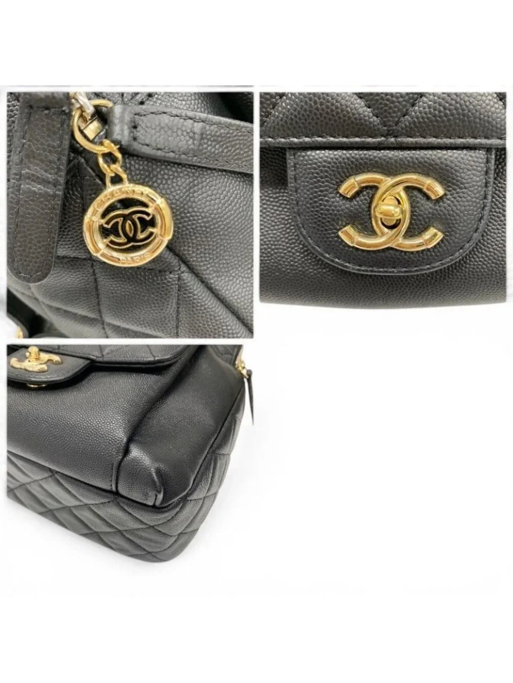 Chanel Backpack Caviar Leather Black Gold Quilted CC Logo Turnlock Chain